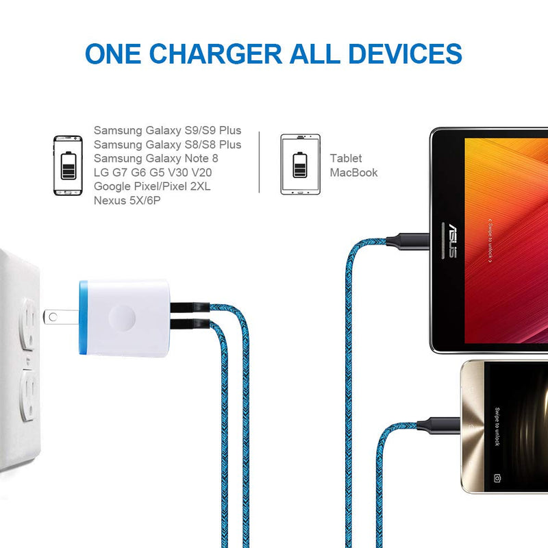 [Australia - AusPower] - Type C Charger, Dual Port Wall Charger, Car Charger, AndHot 2.1A Charging Block+USB Car Adapter+2-Pack 6ft Type C Fast Charging Cable for LG K51 Stylo 6 5 4 G9/G8/V60/V50/G7 ThinQ Q7+ V30 V20 G6 G5 White Blue 