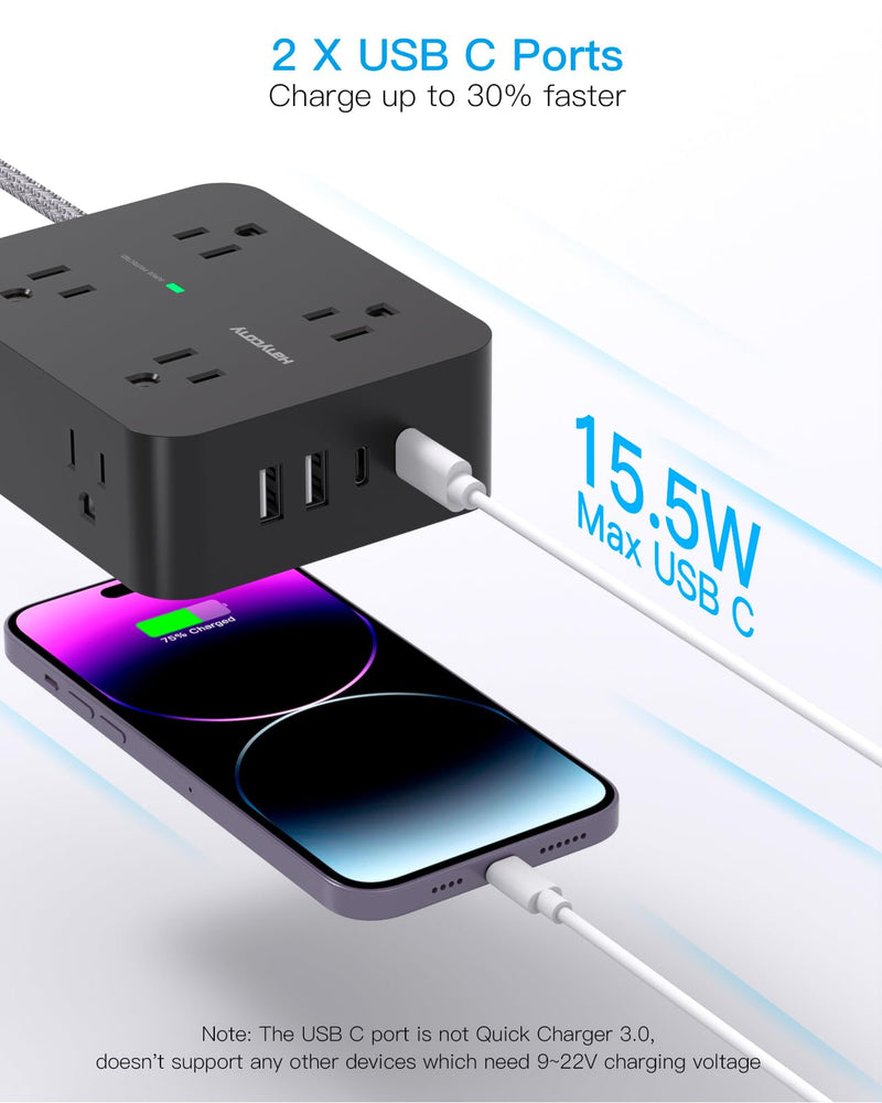 [Australia - AusPower] - Power Strip Surge Protector, 8 Outlets with 4 USB Charging Ports(2 USB C), 3 Side Outlet Extender with 5 Ft Braided Extension Cord, Flat Plug, Wall Mount, Desk USB Charging Station for Home Office ETL 5Ft Black 