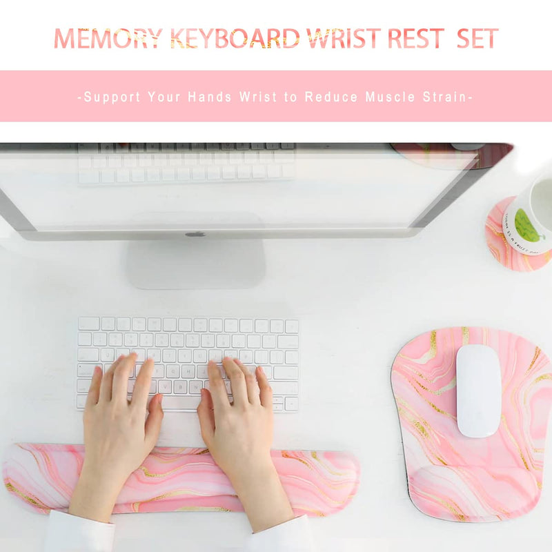 [Australia - AusPower] - Memory Foam Ergonomic Keyboard Wrist Rest Pad and Mouse Wrist Rest Support Mouse Pad Set with Non-Slip Rubber Base Set for Office Gaming Easy Typing & Pain Relief-Pink Marble Pink Marble 
