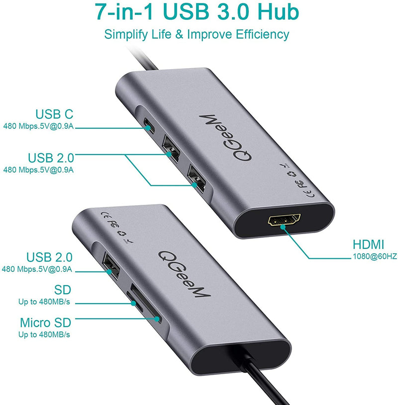 [Australia - AusPower] - QGeeM 7 in 1 USB 3.0 Data Hub Adapter in Aluminum Dongle with USB to HDMI Adapter 1080p Output,3 USB Ports,USB-C Data Port,SD/Micro Card Reader, Compatible with Windows, Mac, Android 