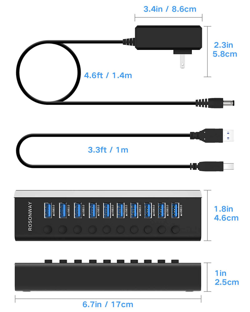 [Australia - AusPower] - Powered USB Hub, Rosonway Aluminum 10 Port USB 3.0 Data Hub with 36W (12V/3A) Power Adapter and Individual On/Off Switches USB Splitter(RSH-A10) 