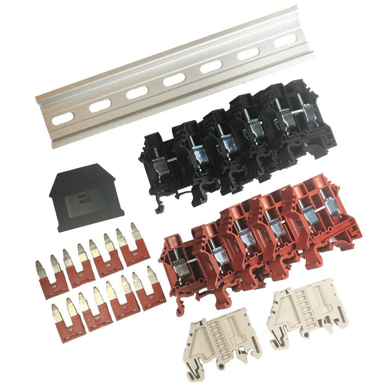 [Australia - AusPower] - Dinkle Assembly Kit DK10N Red/Black 10 Gang with Jumpers DIN Rail Terminal Blocks, 6-20 AWG, 60 Amp, 600 Volt 