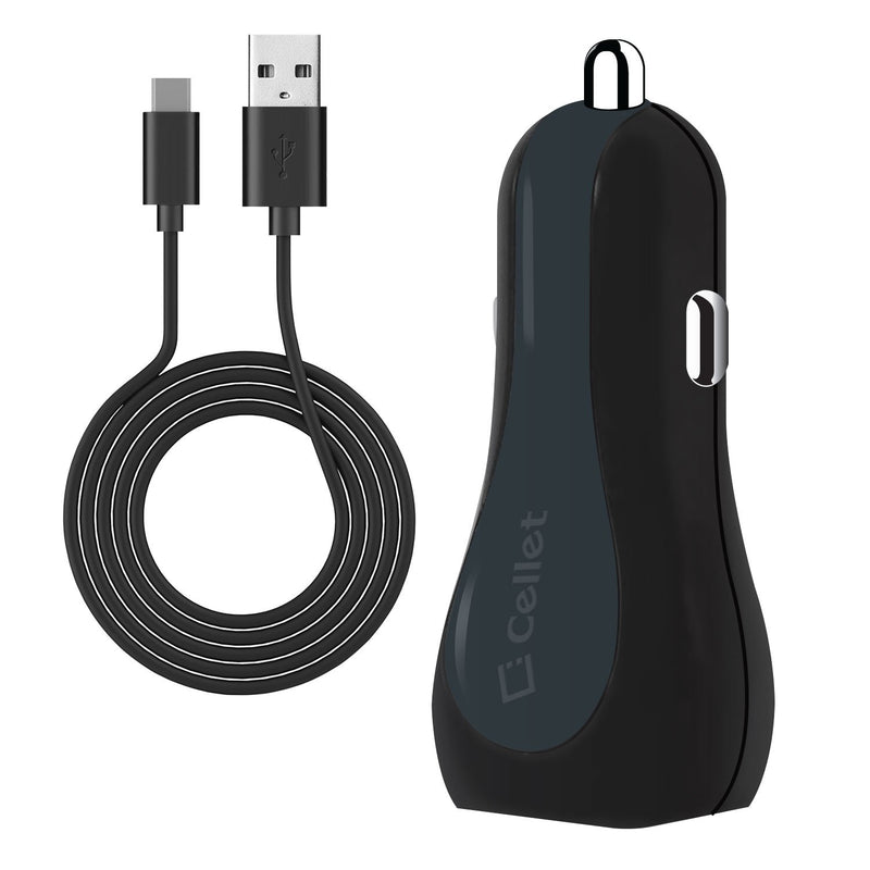 [Australia - AusPower] - Cellet High Powered 3Amp, Fast Charging 15 Watt, Dual USB Port Car Charger with 4ft Long Type-C Cable Compatible for Google Pixel 4 4XL 3 3a 3XL 3aXL 2 2XL Samsung Galaxy A50 A20 A10e S10e S10 S10+ S9 