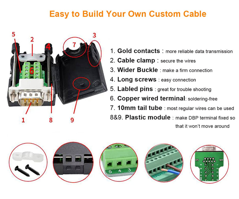 [Australia - AusPower] - DTECH DB9 Breakout Connector DB-9 Female RS232 Serial Adapter Solderless Module Board with Terminal Block, Case, Nuts and Tail Pipes (DB9 Female + Nuts) DB9 female + nuts 