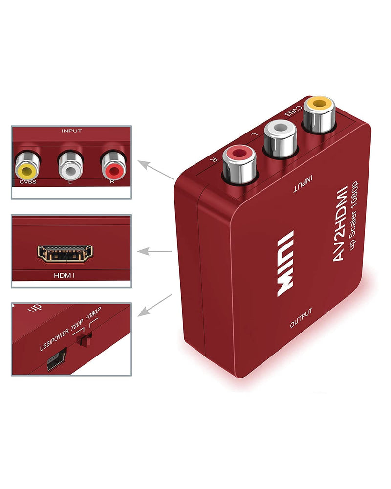 [Australia - AusPower] - ABLEWE RCA to HDMI,AV to HDMI Converter, 1080P Mini RCA Composite CVBS Video Audio Converter Adapter Supporting PAL/NTSC for TV/PC/ PS3/ STB/Xbox VHS/VCR/Blue-Ray DVD Players, Red 