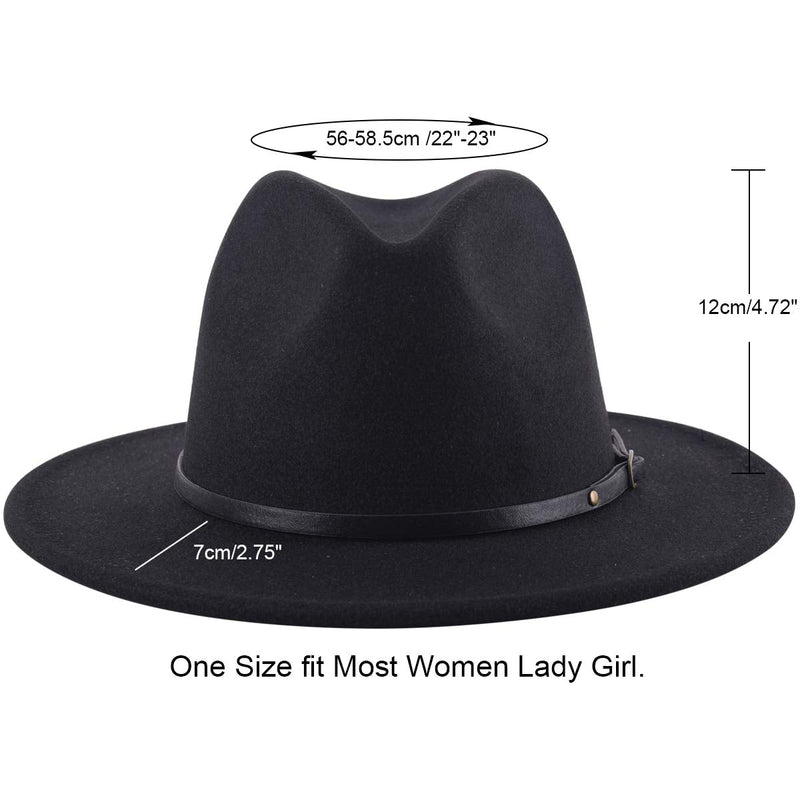 [Australia - AusPower] - Lanzom Womens Classic Wide Brim Floppy Panama Hat Belt Buckle Wool Fedora Hat A-black One Size 