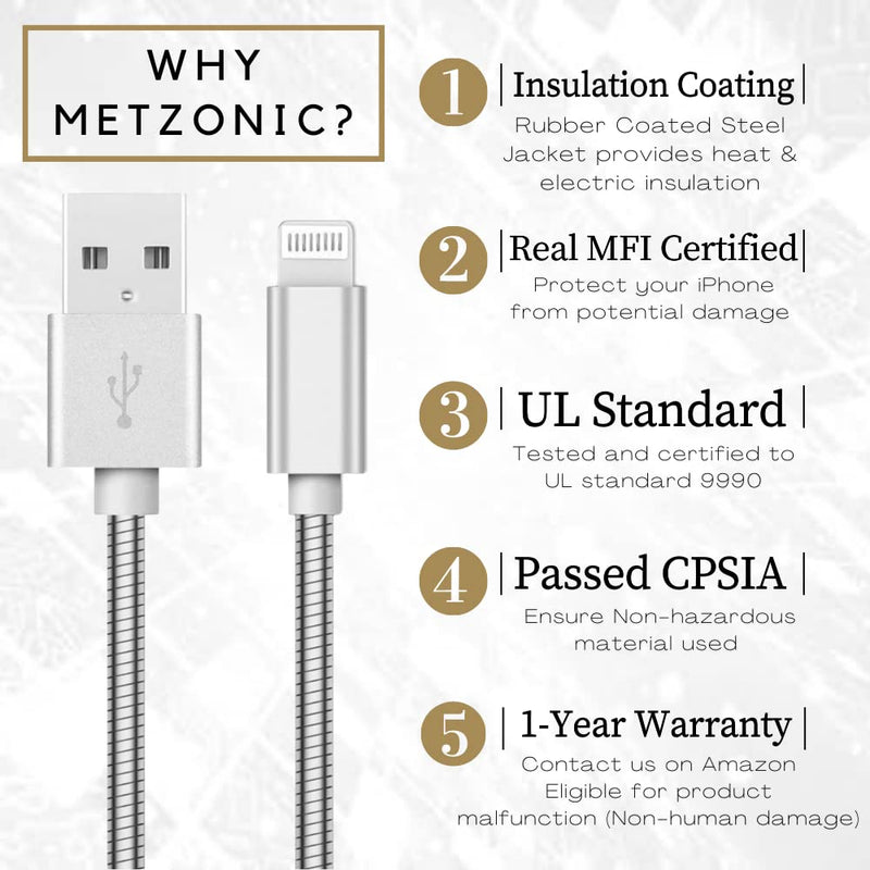 [Australia - AusPower] - Metzonic MFi Certified iPhone Cable [2 Pack, 6.6 Feet] Stainless Steel Braided USB Cable with Insulation Coated Jacket, Strong & Fast Charging Data Transfer, Compatible with iPhone/iPad (Gray Silver) Grey Silver 