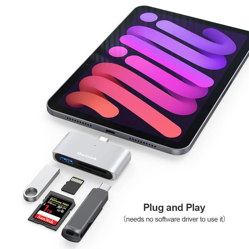 [Australia - AusPower] - Qwiizlab 4-in-1 USB-C 3.0 Hub, SD/Micro Memory Card Readers, USB-A 5Gbps, USB-C 2.0, for MacBook Air Pro iMac HP XPS Lenovo Windows Laptop PC(Silver) Silver 