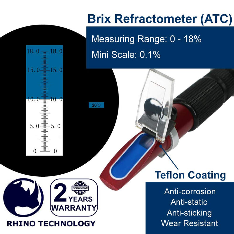[Australia - AusPower] - 0 to 18% Brix Hand Held Rhino Refractometer with Automatic Temperature Compensation, with Low Sugar Fruits, Maple Sap, Vegetable Juice,Cutting Liquids Test 