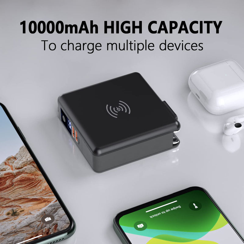 [Australia - AusPower] - Portable Wireless Charger, TTWEN 10000mAh Phone Fast Charger 18W PD QC3.0 Power Bank Battery Charger 5 Output 2 Input Battery Pack with Built-in Wall Plug, Compatible for iOS Samsung (Black) Black without Cable 