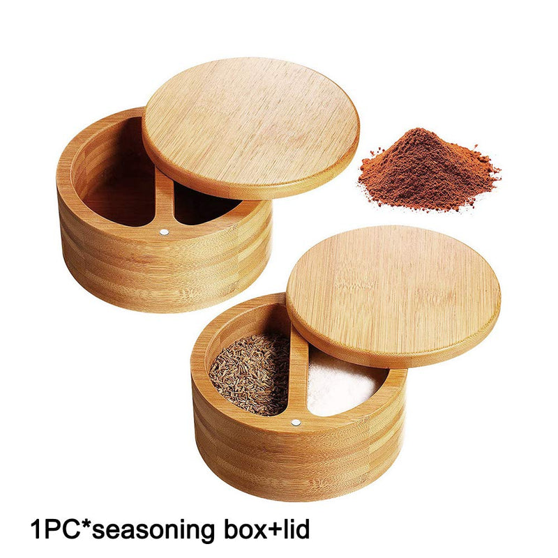 [Australia - AusPower] - Bamboo Seasonings Box,Kitchen Salt Pepper Spice Cellars Storage Container With Pepper Swivel Lid and 2 Spoons,Two Compartments Spice Storage Container for Home Kitchen as picture show 