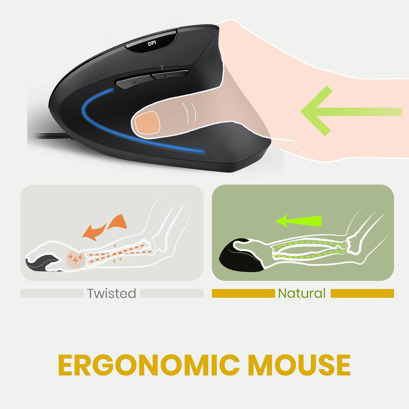 [Australia - AusPower] - Perixx Perimice-513 Wired Vertical USB Mouse, 6 Buttons with 1000/1600 DPI, Right Handed Design, black (11168) 