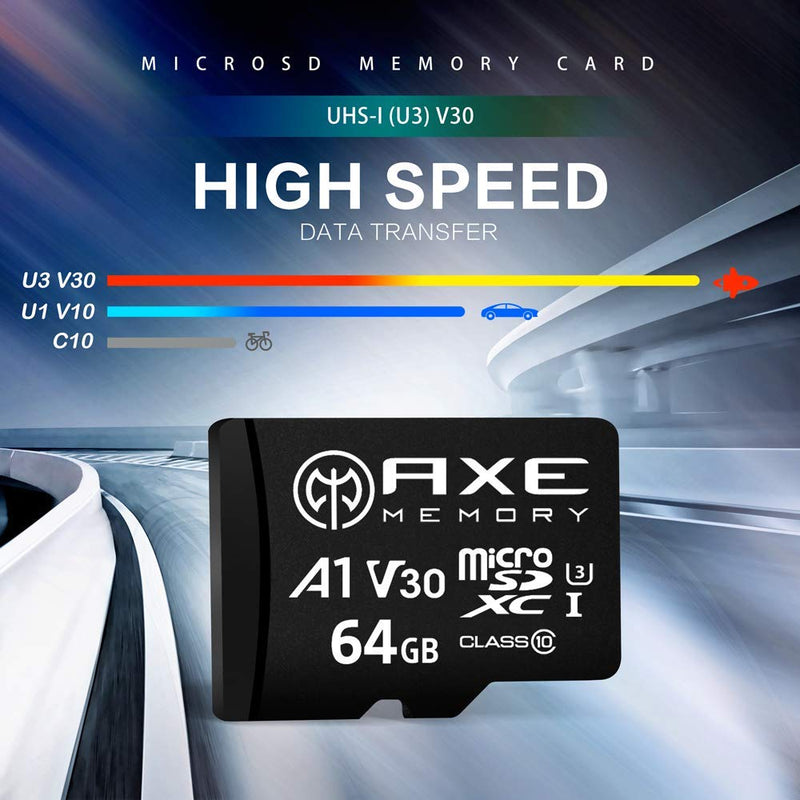 [Australia - AusPower] - AXE MEMORY 64GB microSDXC Memory Card + SD Adapter with A1 App Performance, V30 UHS-I U3 4K Black - A1 High Speed 64 GB 