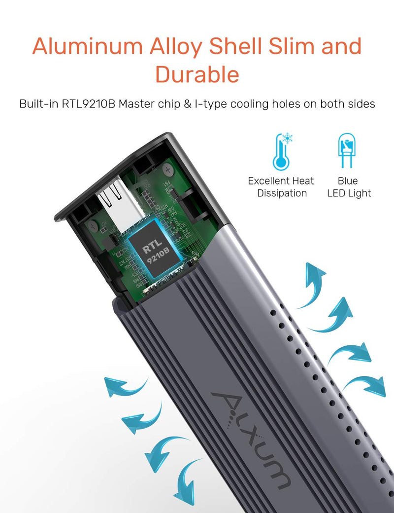 [Australia - AusPower] - Alxum M.2 NVMe SATA SSD Enclosure Tool-Free, M.2 to USB Adapter for NVMe PCI-E & SATA NGFF SSD with USB A USB C Cable, Support UASP & Trim 10Gbps, fits M-Key B+M Key 2230/2242/2260/2280 SSD, Aluminum M.2 NVMe & SATA Protocol 