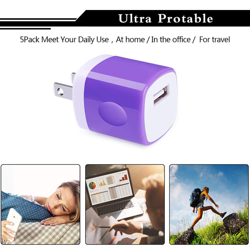 [Australia - AusPower] - USB Charger, Charging Block CIQILY 5-Pack 1A/5V USB Power Home Travel Adapter Wall Charger Cube Brick Box Base Head Compatible for Phone X 8 7 6 Plus 5S, iPad, Samsung, LG, Moto,Tablet, Android Phone White,Blue,Purple,Green,Rosered 