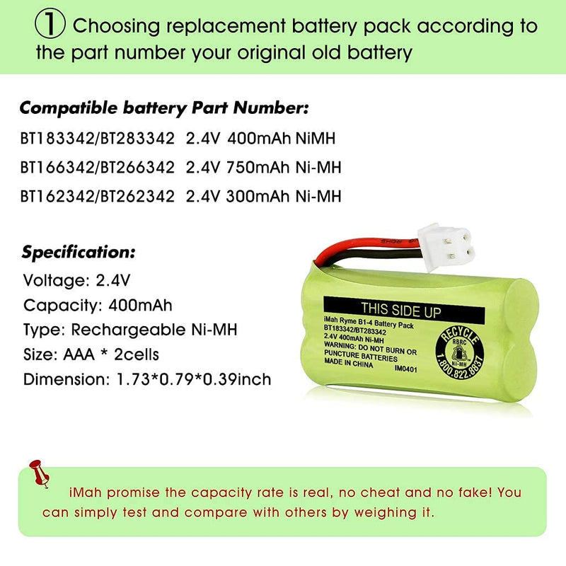 [Australia - AusPower] - iMah BT183342/BT283342 2.4V 400mAh Ni-MH Battery Pack, Also Compatible with AT&T VTech Cordless Phone Batteries BT166342/BT266342 BT162342/BT262342 2SN-AAA40H-S-X2, Pack of 2 