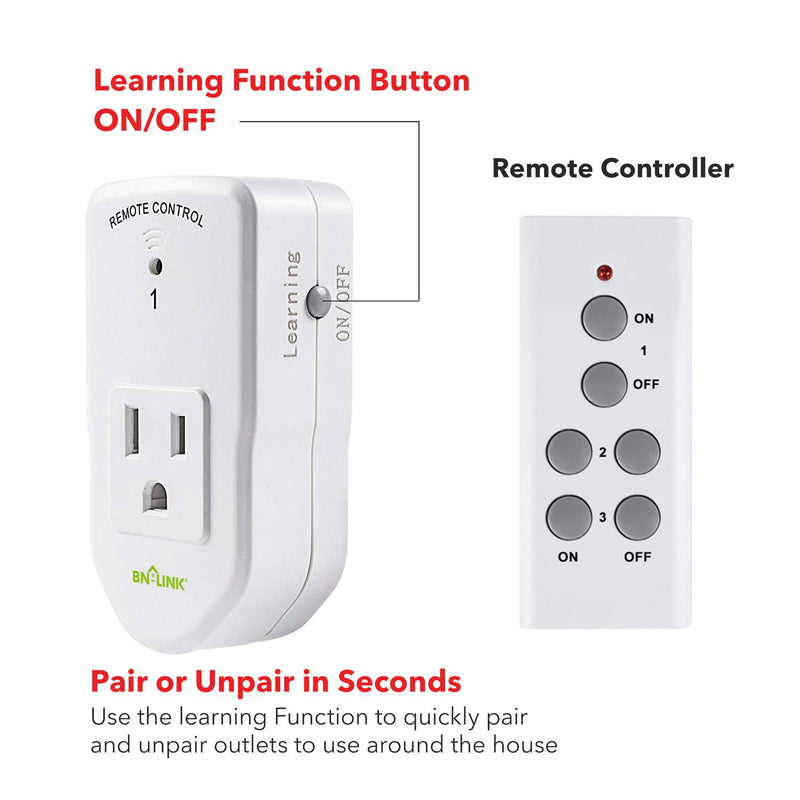 [Australia - AusPower] - BN-LINK Wireless Remote Control Electrical Outlet Switch for Lights, Fans, Christmas Lights, Small Appliance, Long Range White 10A/1200W, 1 Remote + 1 Outlet 