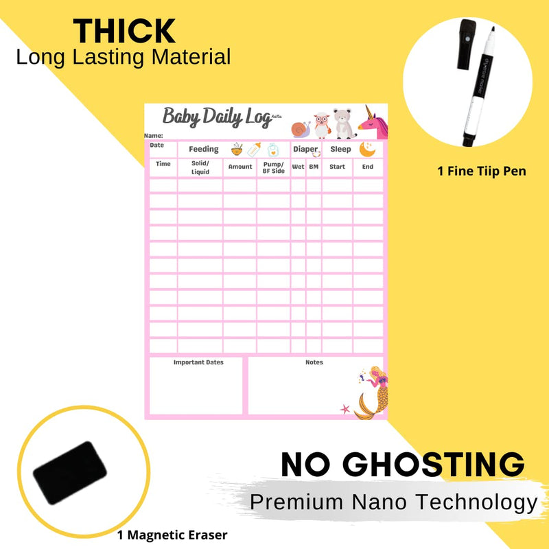 [Australia - AusPower] - Baby Daily Log Chart Dry Erase Whiteboard for Logging Daily Schedule for Newborns and Toddlers, Log Feeding, Diaper Change, Naps and Daily Activities, Board for Refrigerator, with Pen and Eraser Pink 