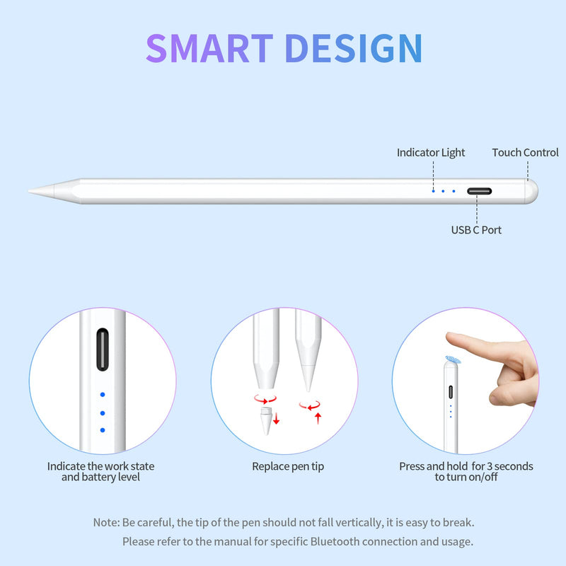 [Australia - AusPower] - Stylus Pen for iPad with Palm Rejection, Compatible with 2018-2022 iPad Air 3rd/4th/5th, iPad Pro 11/12.9 inch, iPad 6th/7th/8th/9th, iPad Mini 5th/6th, Tilt Sensitivity iPad Pencil White 