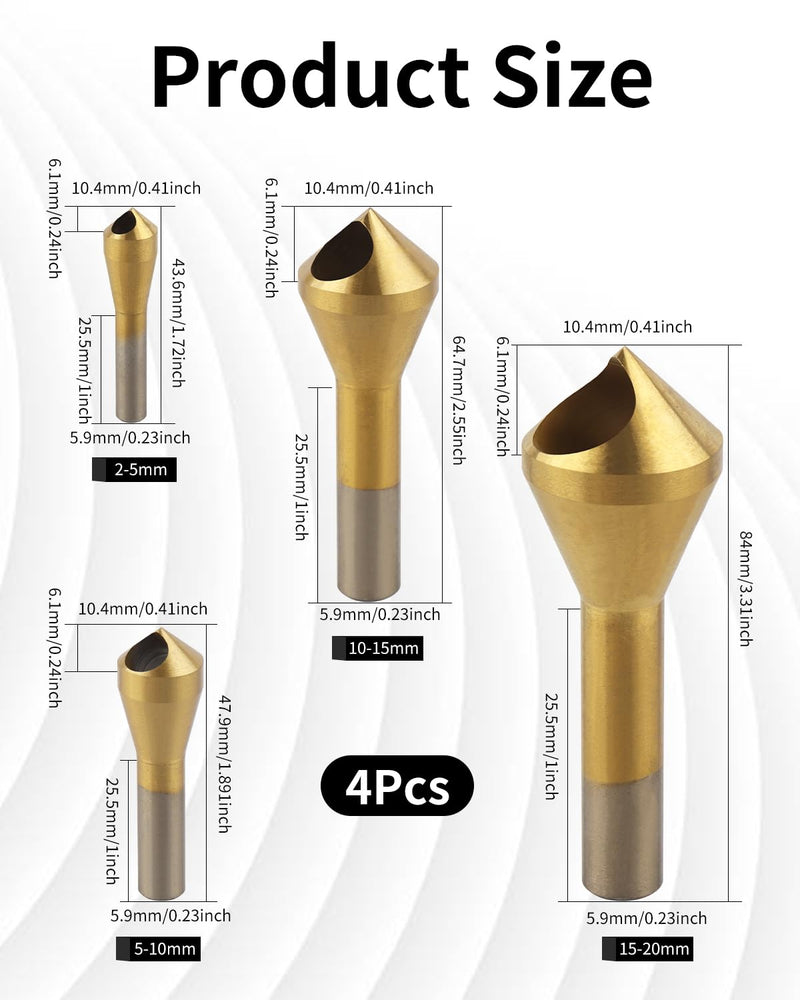 [Australia - AusPower] - AOKLIT Countersink Drill Bit Set, 4 Pcs Titanium Coated Counter Sink Drill Bit Set Deburring External Chamfer Tool, for Wood, Metal, Plastic, PVC Gold 