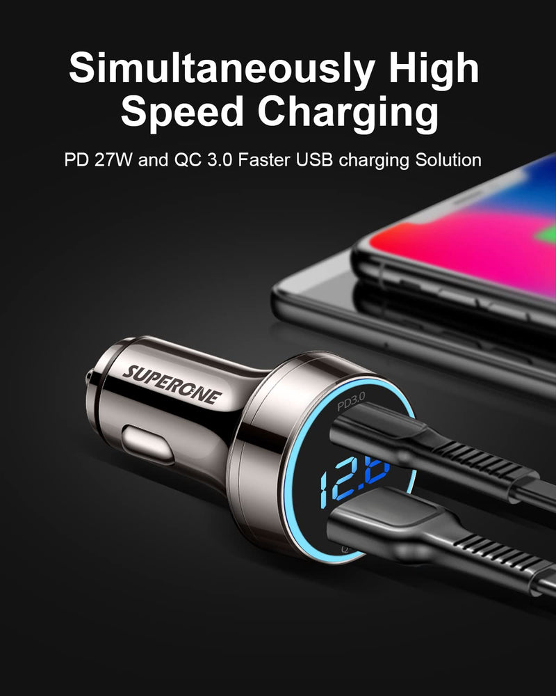 [Australia - AusPower] - USB C Car Charger [Pure Copper], SUPERONE 45W Dual USB Car Charger Adapter with 27W PD Port, QC 3.0 and LED Voltmeter foriPhone 13 12 Pro Max/Pro/Mini, Google Pixel 6/5/4, Samsung S21/20 and More 