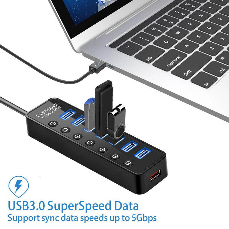 [Australia - AusPower] - USB Hub 3.0 Powered, LYFNLOVE USB Extender 7-Port Data USB Hub with Power Adapter and 1 Smart Charging Port, USB Splitter with On/Off Switches for MacBook, Mac Pro/Mini, iMac, Surface Pro Laptop/PC 