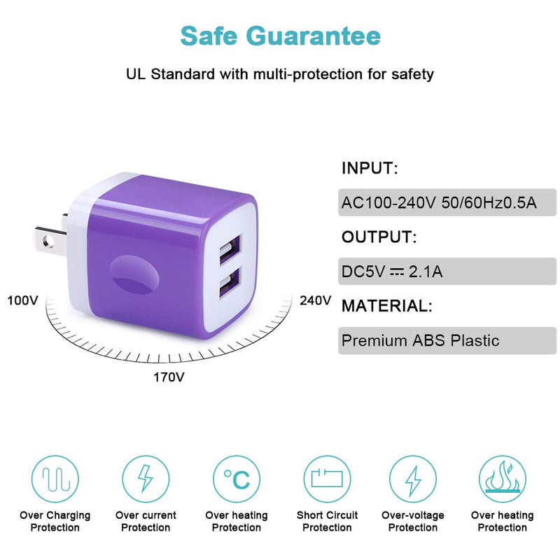 [Australia - AusPower] - Android Charger Cable, 2-Pack 2.1A Dual Port USB Adapter Power Plug with 6FT Fast Charging Micro USB Cable Android Phone Charger for Samsung Galaxy S7 S6 S5 J7V J7 J8 Note 5, LG K50S K50 K40S K40 Purple 