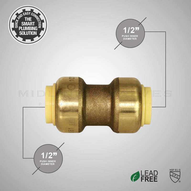 [Australia - AusPower] - Everflow Supplies Pushlock UPSC12 1/2 Inch Long Push X Push Coupling for Push-Fit Fittings, Made with Lead Free DZR Forged Brass, Connects PEX, CPVC and Copper, Pre-Lubricated for Quick Installation Single 