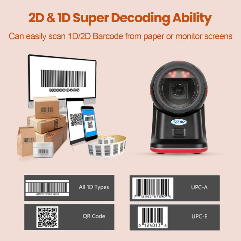 [Australia - AusPower] - 1D 2D QR Desktop Barcode Scanner, Omnidirectional Hands-Free USB Wired Automatic Barcode Reader with Adjustable Scan Head, QR Screen Scanning Scanner for POS PC Supermarket Bookstore Retail Mall 