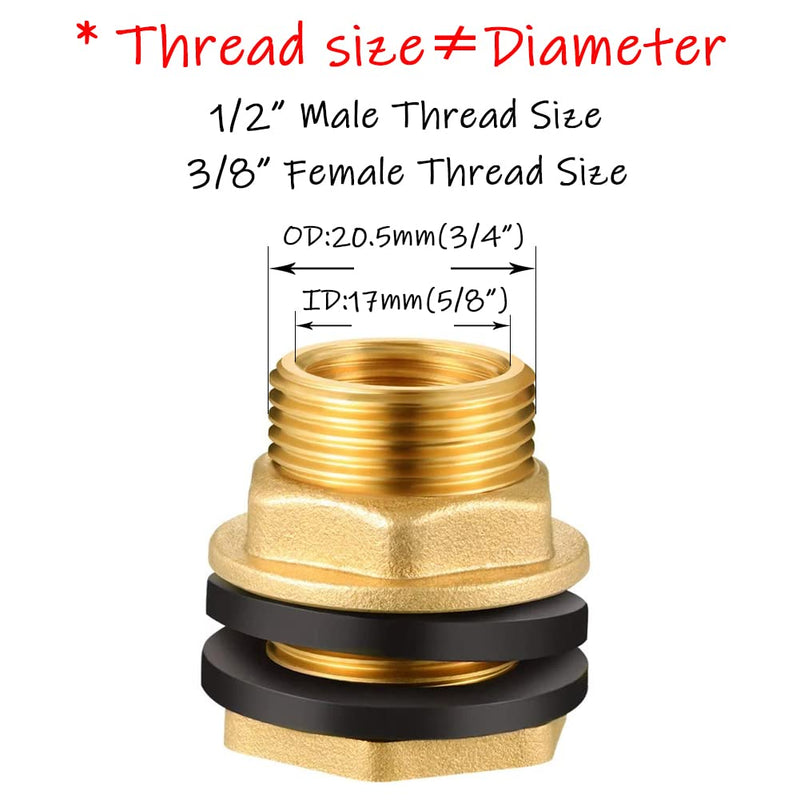 [Australia - AusPower] - Uenede 2PCS Solid Brass Bulkhead Fitting 3/8”Female x 1/2”Male Double Threaded Bulkhead Water Tank Connector 3/8"Female x 1/2"Male 