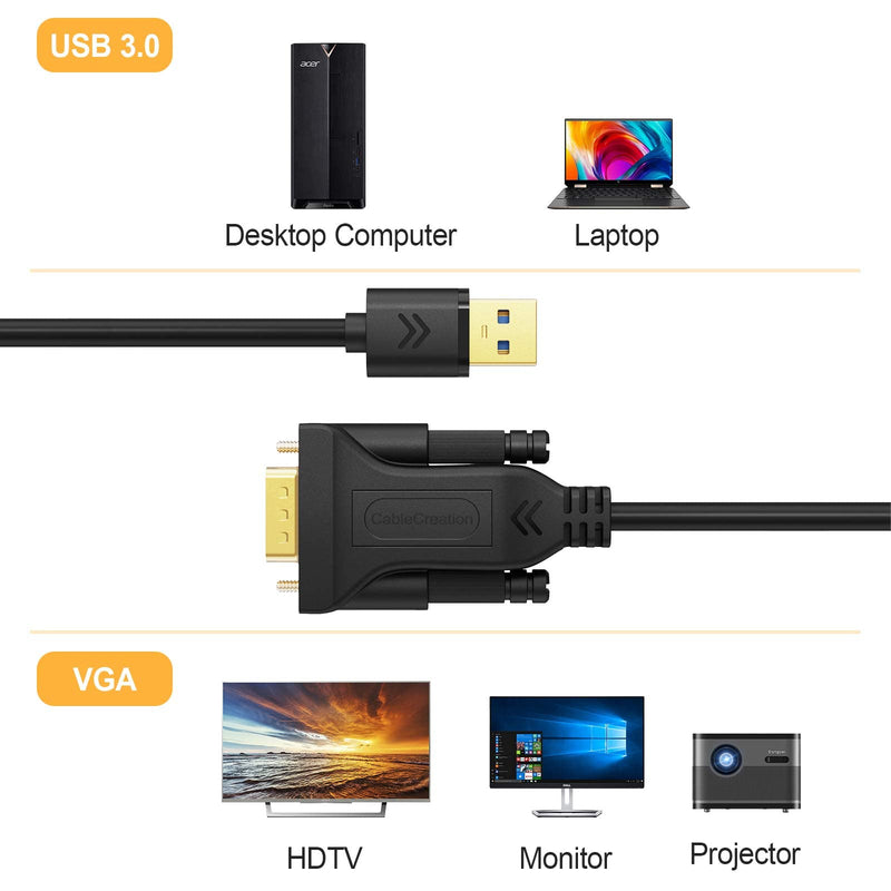 [Australia - AusPower] - USB 3.0 to VGA Cable 6 Feet, CableCreation USB to VGA Adapter Cord 1080P @ 60Hz, External Video Card, Only Support Windows 10/8.1/8 / 7 (NO XP/Vista/Mac OS X), Black 6Feet 