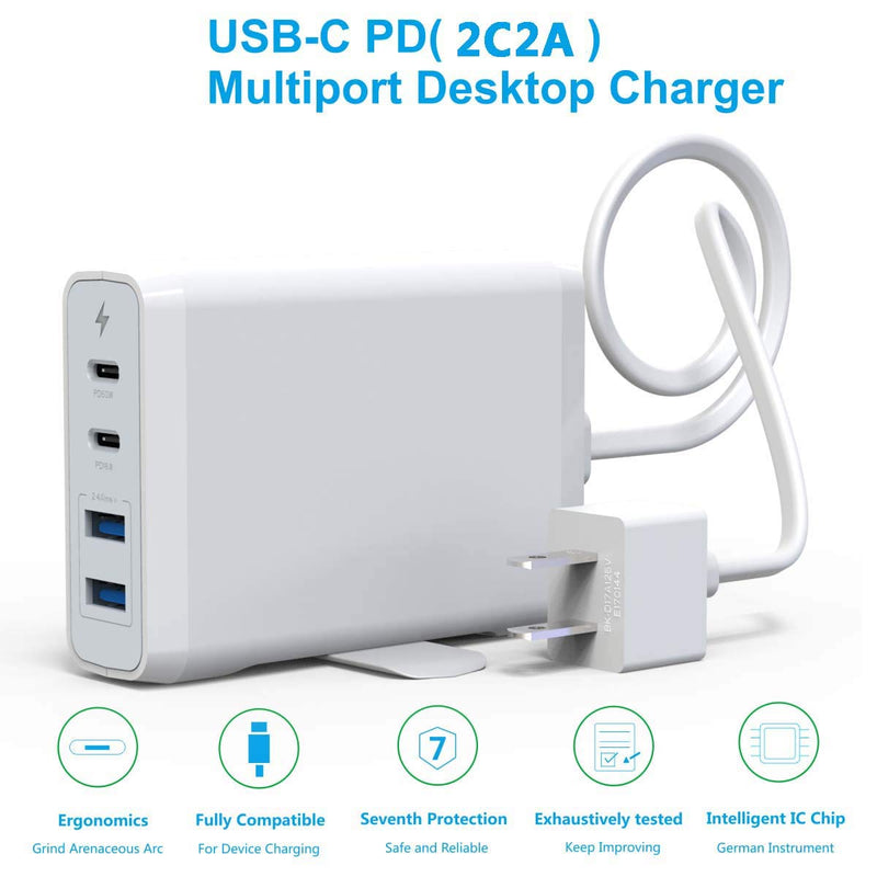 [Australia - AusPower] - USB C Wall Charger, 4-Port PD Power Delivery Adapter with 60W & 18W Type-C Port and 2 USB A Ports (12W) Compatible with MacBook Pro/Air, Pixel, iPhone Xs/Max/XR, Galaxy and More 