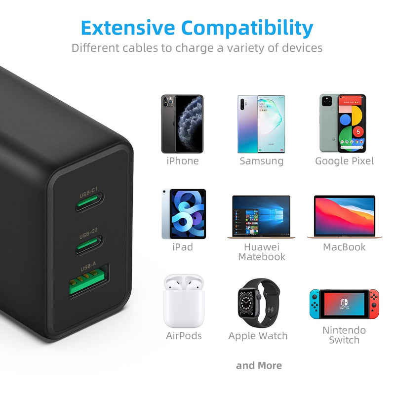 [Australia - AusPower] - 65W/60W PD Fast Charger Powered,USB C GAN Fast Charger(3-Charging Port) Travel Easy with Foldable Plug,Type-C Wall Charger Replacement for iphone 12 Pro iPad Pro MacBook Surface Huawei Laptop and More black 