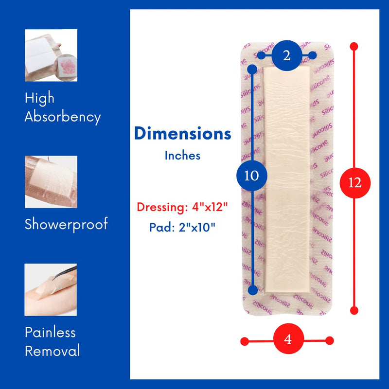 [Australia - AusPower] - ALL GOOODA Silicone Foam Dressing 4”x12”[10 Pack] Post-Op Gentle Adhesive Border for Surgical Wound Care, Incision, Sacrum, Pressure Sore, Diabetic Ulcer, Extra Long Large Wound Bandage 