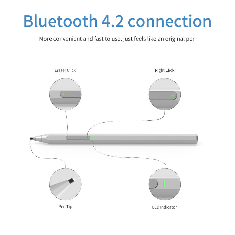 [Australia - AusPower] - Bluetooth 4.2 Stylus Pen for Microsoft Surface Go 3 2 1, 1901 1926 1927 2022 and Other Tablets with High Level Pressure and Tilt Sensitivity, Palm Rejection, Magnetic Design Pencil (Silver) 