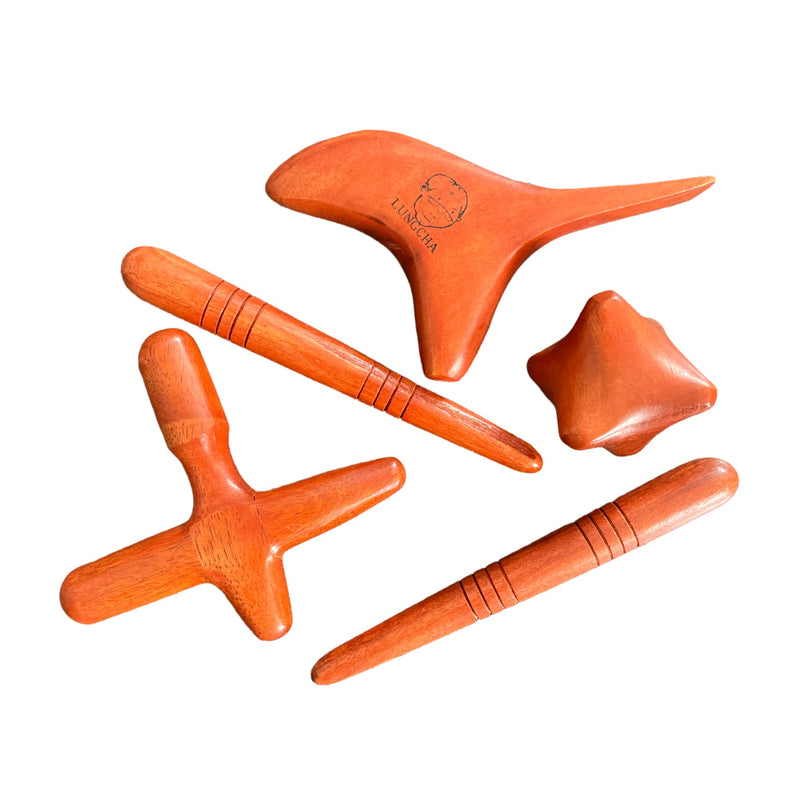 [Australia - AusPower] - 4 Types, 5 Piece Set - LUNGCHA Traditional Thai Massage Reflexology Wooden Stick Tool (Set of 4 Types Body Hand Foot Massage) 