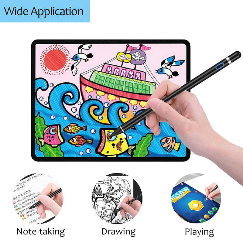 [Australia - AusPower] - Active Stylus Pens for Touch Screens, DOGAIN Stylist Digital Pen, 1.5mm Fine Point Rechargeable iPad Pencil for Drawing/Writing/Playing, Compatible with iOS/Android and Other Tablets(Black) 