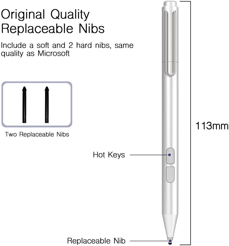 [Australia - AusPower] - GizPro Pen for Microsoft Surface, Certified Digital Stylus with Palm Rejection, 1024 Levels Pressure, Flex & Soft HB Nib, for Surface Pro/Go/Laptop/Book/Studio, Including 2 Spare Nibs & AAAA Battery 