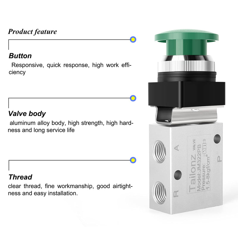 [Australia - AusPower] - TAILONZ PNEUMATIC Green 1/4”NPT Manual Control Type Mushroom Push Button 3 Way 2 Position Pneumatic Control Mechanical Valve 