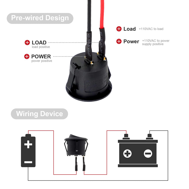 [Australia - AusPower] - 6Pcs Rocker Switch ON Off KCD1 AC 6A/250V 10A/125V 12VDC Mini Round Toggle Switch SPST 2Pin Snap-in Design Car Boat Automotive with Wires Pre-Wired by MUZHI 