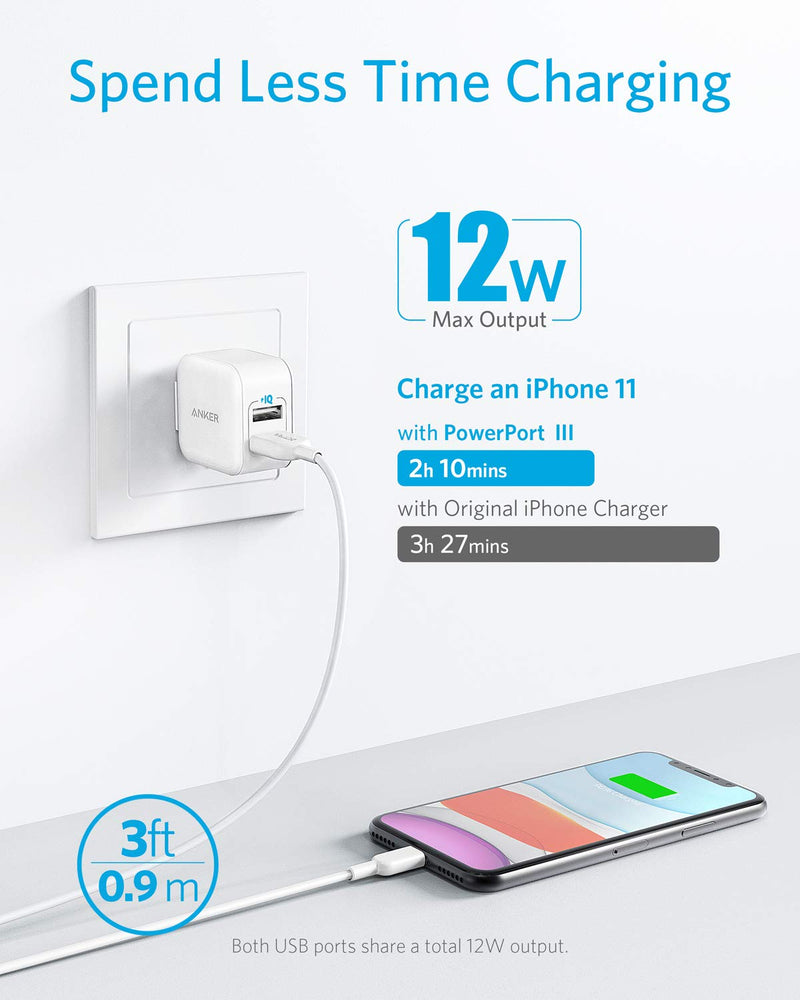 [Australia - AusPower] - iPhone Charger, Anker PowerPort III 2-Port 12W USB Wall Charger with 3ft MFi Certified Lightning Cable, Foldable Plug, for iPhone Xs/XR/ 11/11 Pro/SE 2020/ iPad, and More 