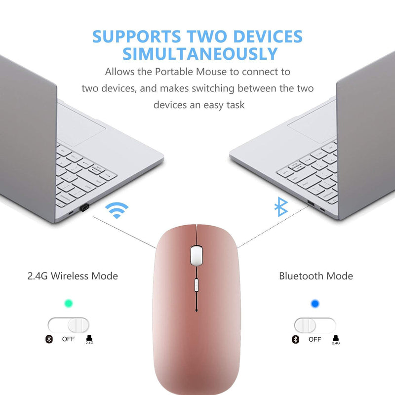 [Australia - AusPower] - 2.4GHz Wireless Bluetooth Mouse, Dual Mode Slim Rechargeable Wireless Mouse Silent USB Mice, 3 Adjustable DPI,Compatible for Laptop Windows Mac Android MAC PC Computer (Rose Gold) 