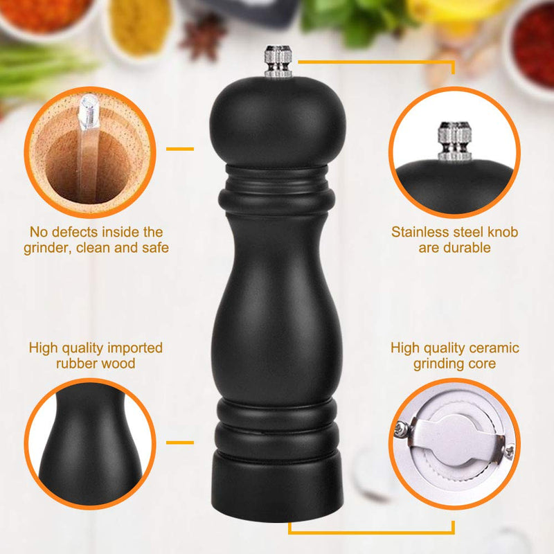 [Australia - AusPower] - Premium Salt and Pepper Grinder Set of 2, Wood Salt and Pepper Shakers with Ceramic Core, Refillable Manual Sea Salt Pepper Mill Adjustable Coarseness for Spice/Chili/Sesame, 6.5 Inch (Black+White) 
