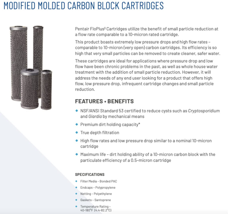 [Australia - AusPower] - Pentair Pentek FloPlus-10 Carbon Water Filter, 10-Inch, Under Sink Modified Molded Carbon Block Replacement Cartridge, 10" x 2.5", 0.5 Micron 10" x 2.5" 