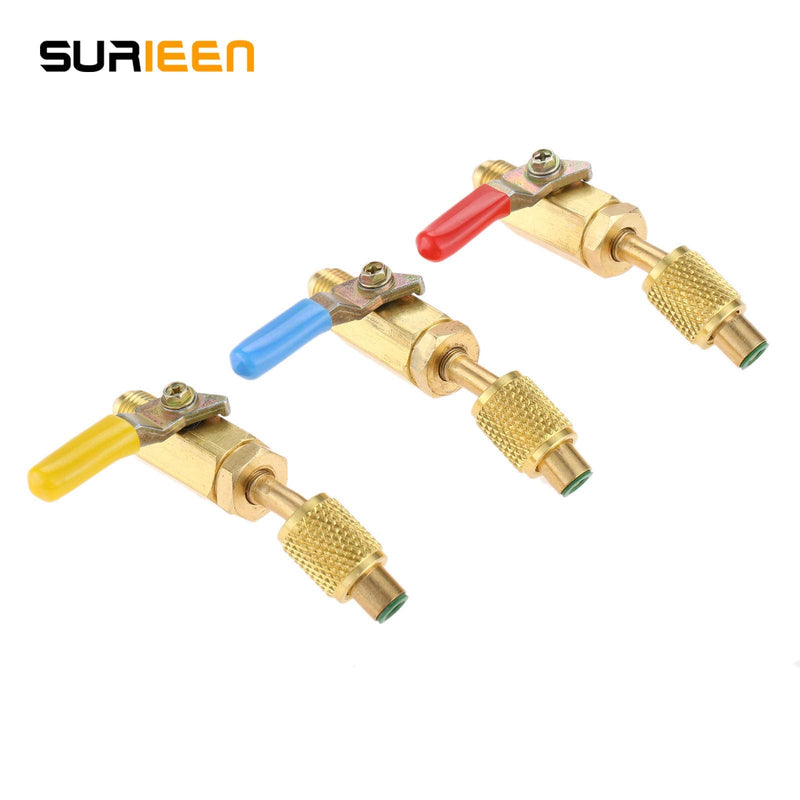 [Australia - AusPower] - SURIEEN 3 Pack R134A Angled Compact Shut-Off Ball Valve Adapter 3 Colors 1/4" SAE Thread Fits for HVAC Air Conditioning Refrigerant R134A R12 R22 R502 Charging Hoses Air Condition Refrigerant Tools 