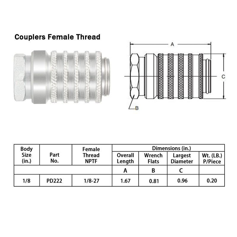 [Australia - AusPower] - PD222 Series PD Steel Test Port and Diagnostic Equipment Quick Coupler with Female Pipe Thread, 1/8" Body Size, 1/8"-27 NPTF Thread Size, 1.67" Length 