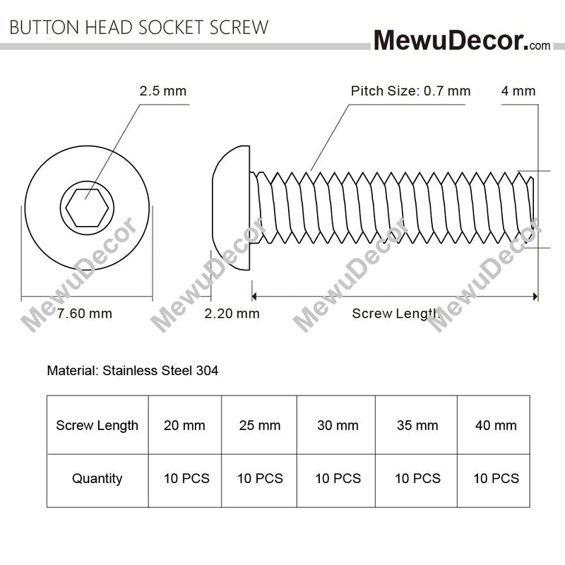 [Australia - AusPower] - 50 PCS M4 x 20/25/30/35/40mm Button Head Socket Cap Screw Assortment, Stainless Steel 18-8 (304), Bright Finish 