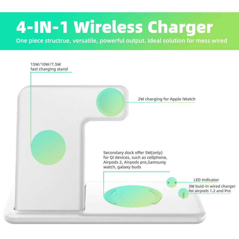 [Australia - AusPower] - Innens, Wireless Charging Station, 4-in-1 Foldable Qi 15W Fast Wireless Charger Dock for Apple iPhone, iWatch Series 5 4 3 2 1, Airpods, Samsung Galaxy Note 20/S21 White 