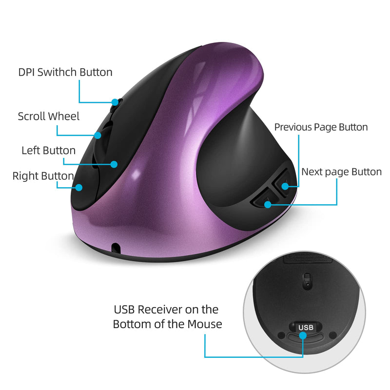 [Australia - AusPower] - Ergonomic Mouse Wireless,Rechargeable Vertical Mouse with 6 Buttons 3 Adjustable 800/1200/1600 DPI for Laptop, Desktop, PC, MacBook (Purple) Purple 