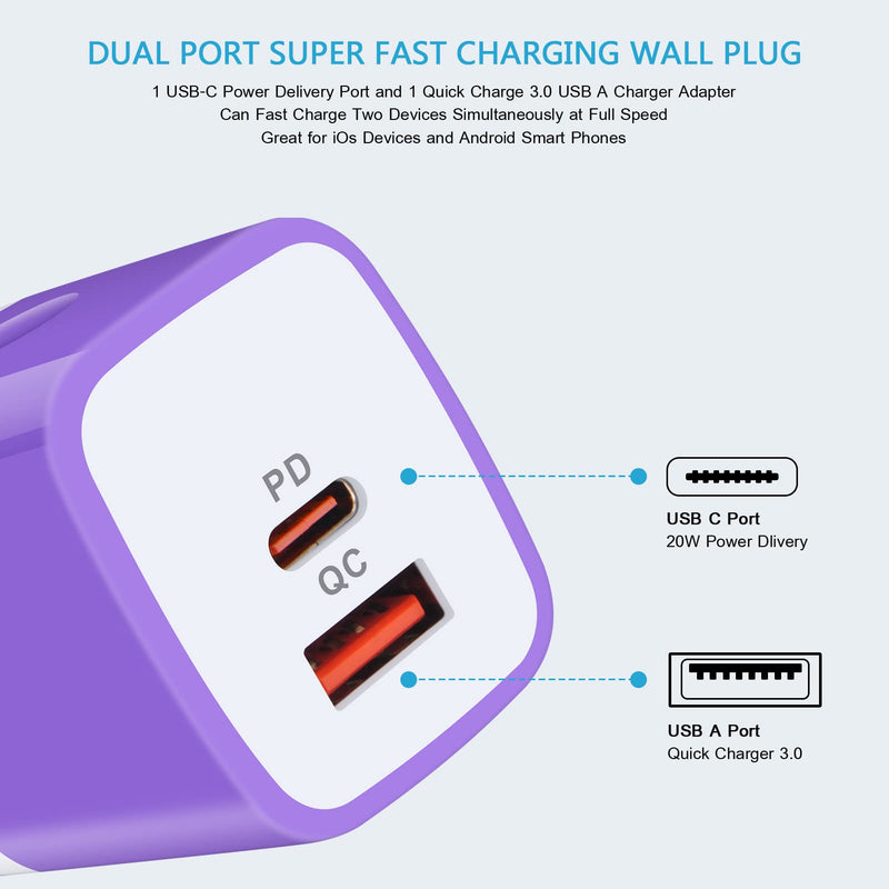 [Australia - AusPower] - USB C Charger Block, 3Pack 20W Dual Port Fast Charger, USB Type C PD + QC 3.0 Fast Wall Charger Power Adapter for iPhone 13 12 Mini Pro Max SE 11 Pro Max XR XS X 8 Plus, Samsung S22 S21 S20 A12 A32 Purple 